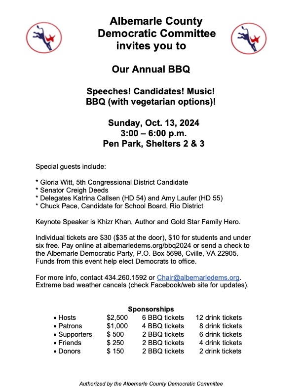 Flyer giving the dates, times, location, speaker list, and giving levels for the Albemarle annual BBQ.