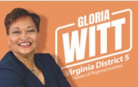 Campaign flier of Gloria Witt (waist up) to the left and In white letters the words "Gloria Witt Virginia District 5". The flier has an orange background.