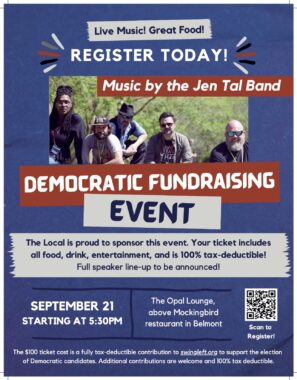 SwingLeft fundraiser flier. The five members of the Jen Tal Band are shown in an outdoor photo against a royal blue background. The rest of the flier gives time and date and tax deduction details.