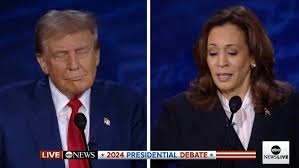 Split screen photo of the Kamala Harris-Donald Trump debate 09-10-2024. Trump is grimmacing as Harris speaks.