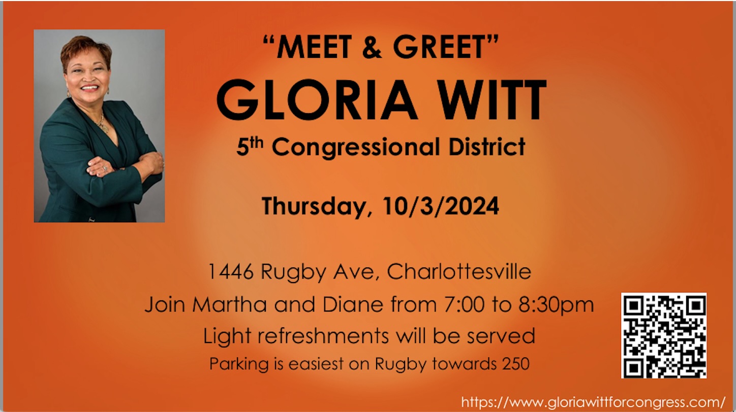 Photo of Gloria Witt smiling inside of an orange invitation to a Charlottesville meet and greet event for the 2024 election.