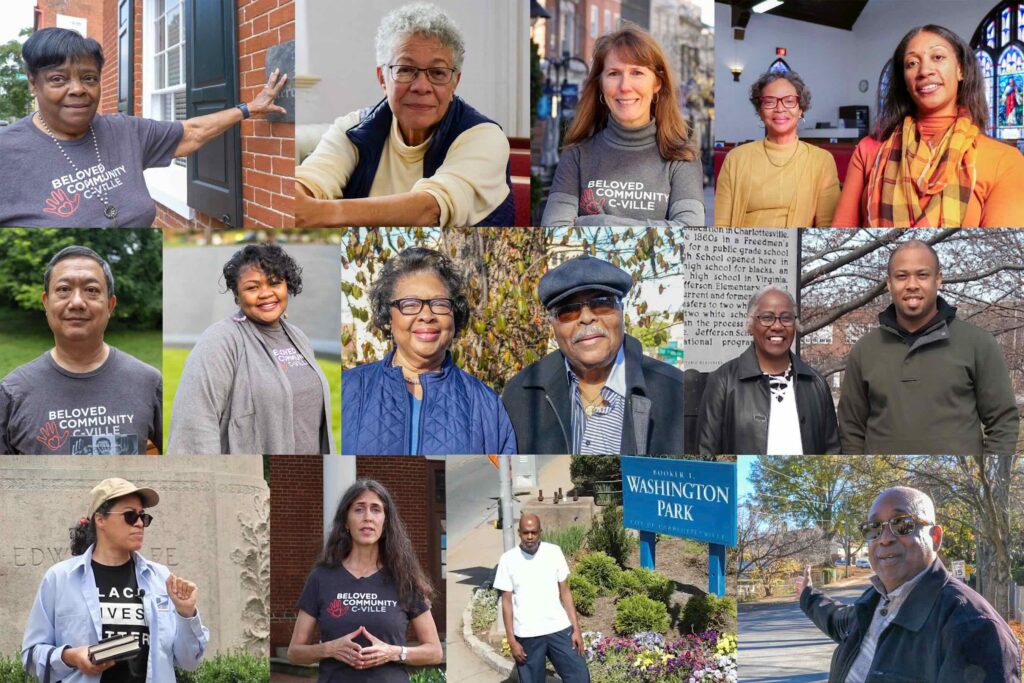 Composite image of 12 photos of Beloved Community Charlottesville members. In many of the photos the subjects are speaking or standing in front of relevant historical makers, buildings, graves, or parks relevant to local African-American history.