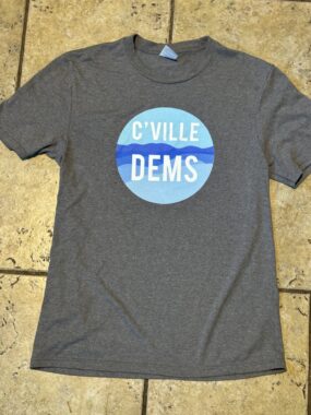 Photo of Cville Dems Tshirt/Sweatshirt for sale - has our 2 shades of blue logo of the Blue Ridge Mountains on the front with the words "Cville Dems"