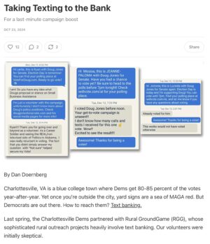 Screenshot of "Grassroots Connector" article by Dan Doernberg about Cville Dems and Rural GroundGame doing textbanking during Election 2024