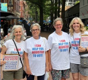 Photo of four Voter Registration volunteers group photo on Downtown Mall Summer 2024