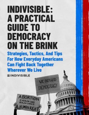 Cover image for the planning document "Indivisible: A Practical Guide to Democracy on the Brink. Strategies, tactics, and tips for how every day Americans can fight back together wherever we live.” In the bottom right corner is a picture of the US Capitol building and in front of it 2 signs held up by raised arms reading “Abortion is Healthcare. Healthcare is a Human Right” and “We Demand Democracy”.