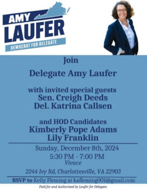 Graphic for Amy Laufer fundraiser on December 8 2024 with her campaign’s yard sign graphic + a photo of Amy + details about where and when the event is