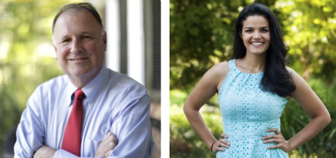 Outdoor scene headshots of Senator Deeds wearing a shirt and tie and Delegate Katrina Callsen wearing a dress.