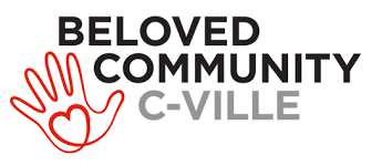 Logo of Beloved Community Charlottesville. Shows a red palm held up with a heart inside and the words "Beloved Community.Charlottesville".