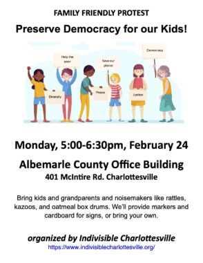 Flyer for family friendly protest to Preserve Democracy for our Kids. Flyer shows 6 multiracial children holding signs saying "Diversity", "Help the poor", "Peace", "Save our Planet", "Justice", and "Democracy".