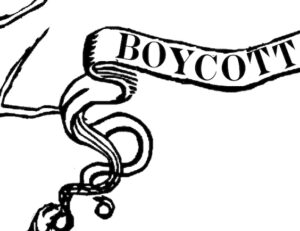 Line drawing of a tree with a banner that says Boycott.